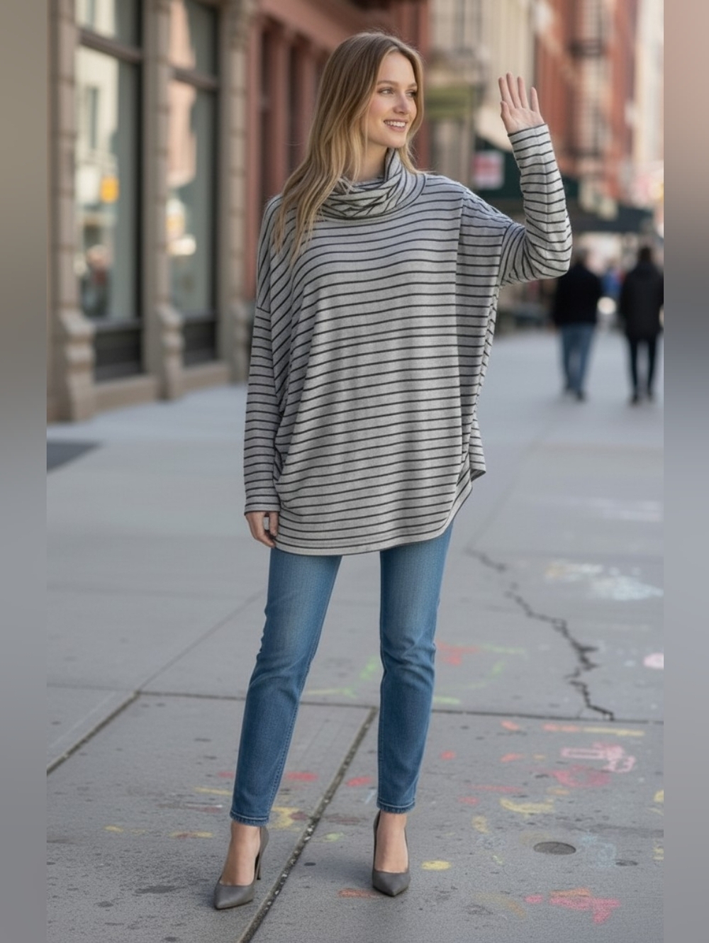 Women's Tunic Turtleneck Top Longsleeve Shirt, Gray Black Stripe, L